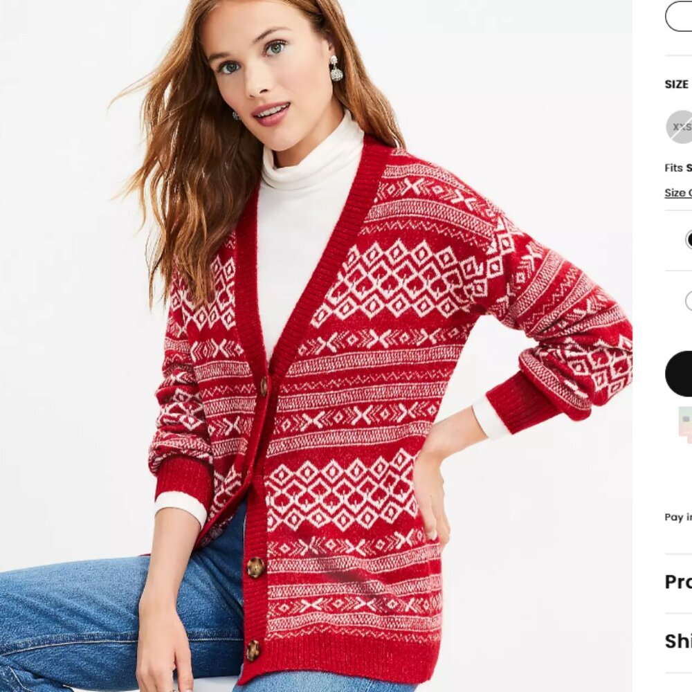 Loft Fair Isle V-Neck Pocket Cardigan XXSP red, white